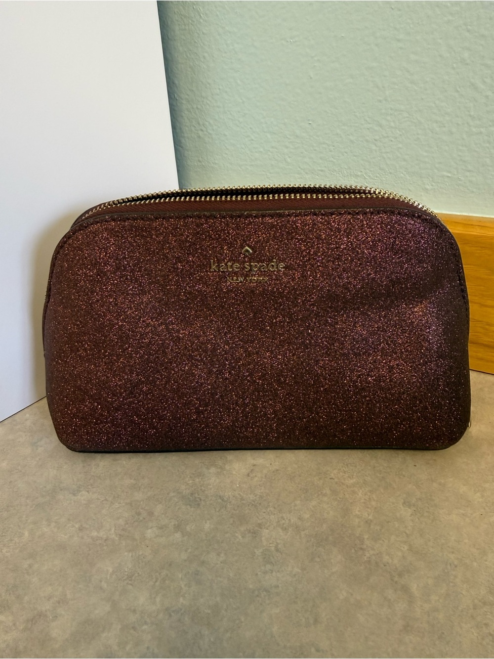 Kate Spade New York Burgundy Glitter Cosmetic Makeup Bag Travel Bag